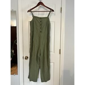 Old Navy Linen Blend Jumpsuit Medium Olive Green Wide Leg Button Front Pockets